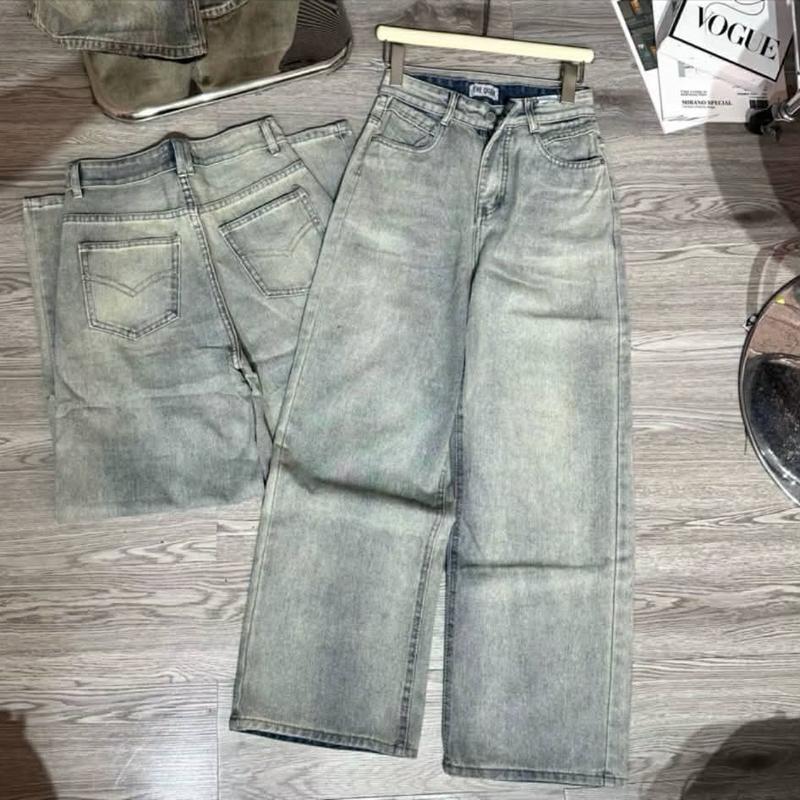 THE QUAO QUẦN JEANS NỮ ỐNG RỘNG BẠC TRƠN PHOM NẤM LÙN DÀI 95CM