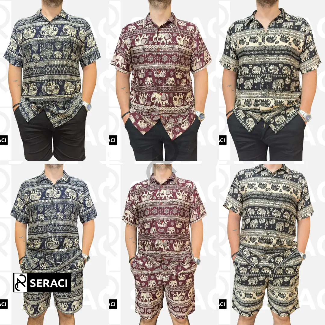 SERACI - one set atasan kemeja pria dan wanita setelan celana pendek hawaii daily outfit pantai bahan rayon premium baju tidur piyama motif abstrak Gajah Thailand Elephant