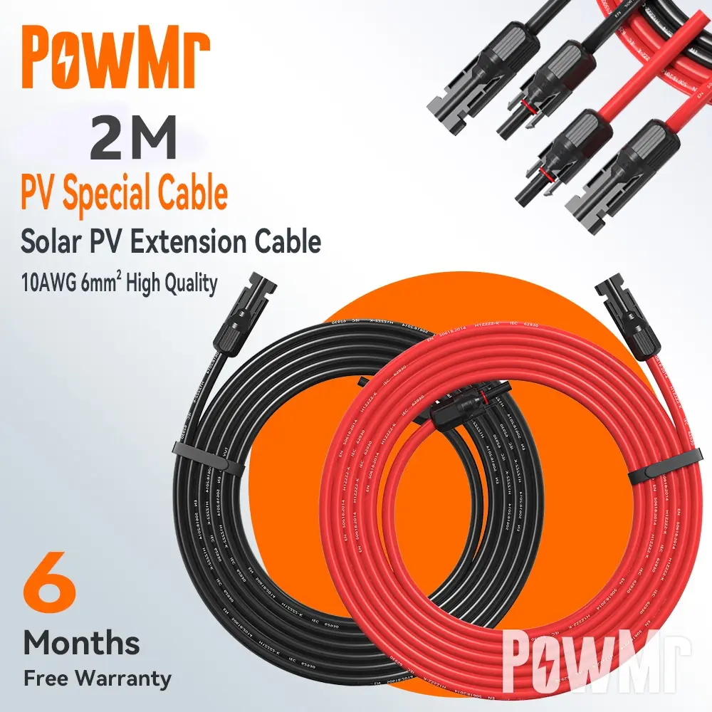 PowMr 2M 6mm² 10AWG Kabel Ekstensi Surya Kawat PV Tembaga Lapis untuk Kabel Panel Surya Pengendali Surya dengan Konektor