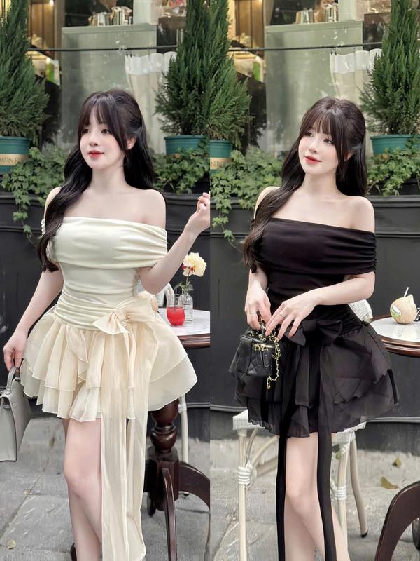 Váy Trễ Vai Phối Nơ Thiết Kế Nữ Tôn Dáng ( kèm quần rời )