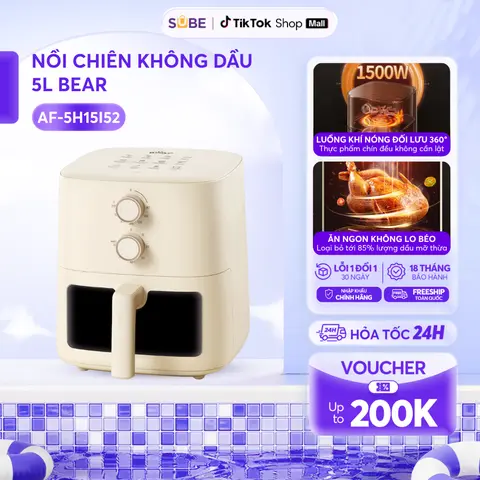 Nồi chiên không dầu Bear 5L AF-5H15I52 (chính hãng) - Công suất 1500W, màn hình cảm ứng, cửa kính trong suốt nhìn thấu - Bảo hành 18 tháng