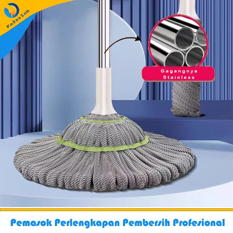 Baru Super Praktis Twist Mop 1set alat kain lap pel lantai otomatis peras pel pelan lantai putar warna abu-abu
