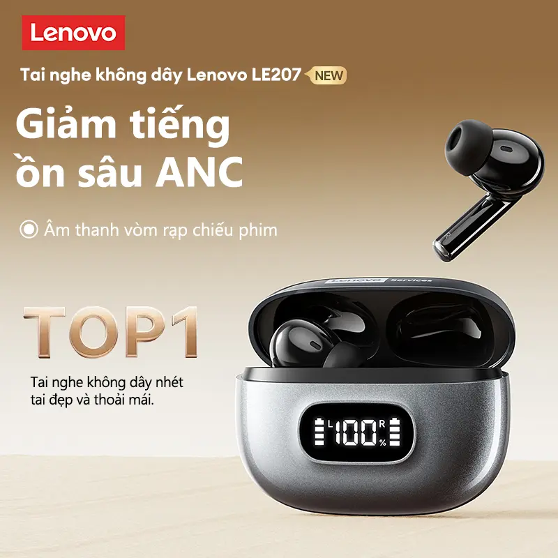 Lenovo Tai Nghe Bluetooth LE207 Phiên Bản 6.0 | AI Dịch 135 Ngôn Ngữ + Âm Thanh Dolby 360° | ANC Giảm Tiếng Ồn | Chế Độ Game Thấp Trễ | Màn Hình Pin LED | Thời Lượng Pin Dài 27 Giờ | BigBuy360 - bigbuy360.vn