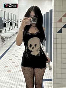 Vestido tipo camisola ajustado al cuerpo con estampado de calavera y encaje de contraste, ideal para Halloween. Vestido mini casual de moda callejera sin mangas para fiestas y clubes, ropa de otoño para damas.