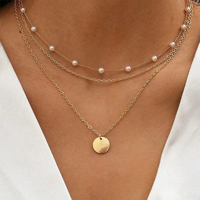 Kalung Liontin Bulat Kerah Mutiara Wanita Paduan Emas Multi Lapis Multi Lapis B146