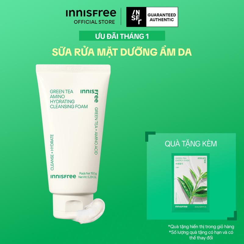 Sữa rửa mặt trà xanh sạch sâu ẩm mịn INNISFREE Green Tea Amino Cleansing Foam 150g