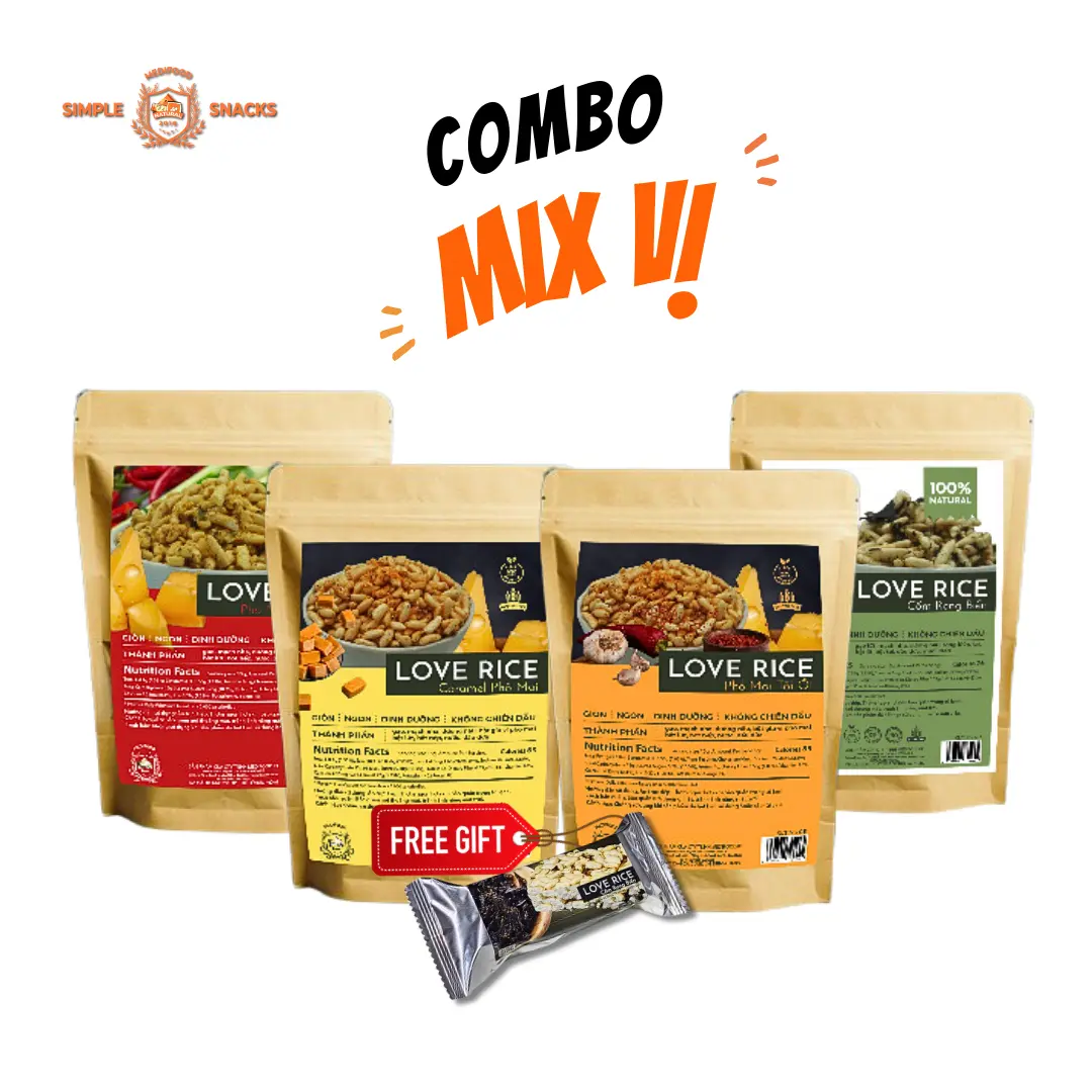 [Tặng] Combo Love Rice 4 vị (Caramel phô mai, Phô mai tỏi ớt, Phô mai chua cay, Trắng rong biển) | Snacks giòn tan, lạ vị | Không chiên dầu | Tặng Love Rice Rong Biển