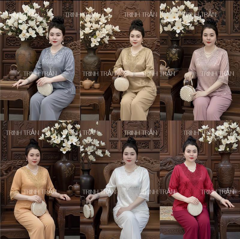  đồ bộ trung niên cho mẹ mẫu CỔ TIM REN GẤM tay lỡ quần dài bộ gồm áo và quần món quà tặng mẹ. 