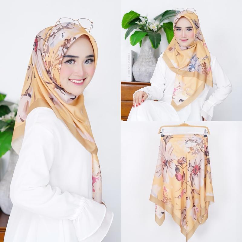 ( SERIES RUSHEL 1-100 ) Hijab Motif Terbaru Segiempat Motif  Bunga Denay Motif 2024 Katun Voal  Nyaman Muslim Square 4