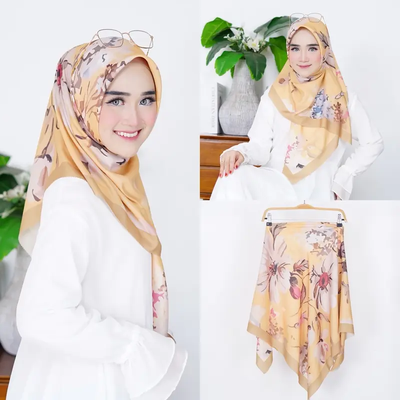 ( SERIES RUSHEL 1-100 ) Hijab Motif Terbaru Segiempat Motif  Bunga Denay Motif 2024 Katun Voal  Nyaman Muslim Square 3