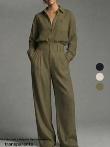 Conjunto de dos piezas para mujer de moda para primavera y otoño, camisa de color sólido y pantalones largos, estilo casual, perfecto para uso diario