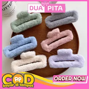DP264 Jepit Rambut Bulu Persegi Korea Jumbo Fluffy Hair Clips