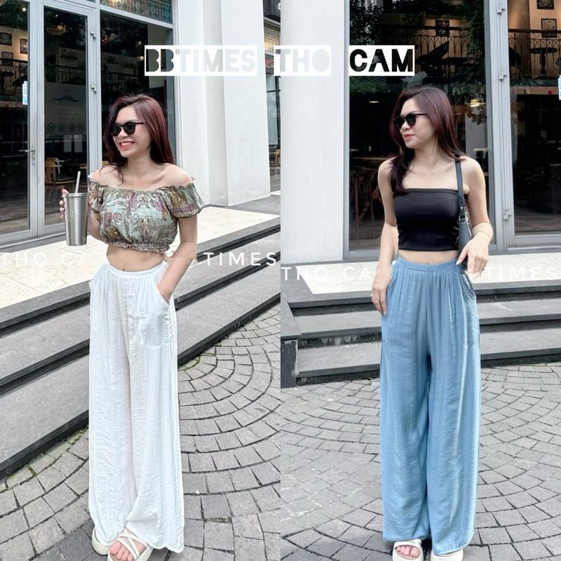   BBtimes Thổ Cẩm  Quần Dài Đũi Ống Rộng Trơn Màu Có Túi 