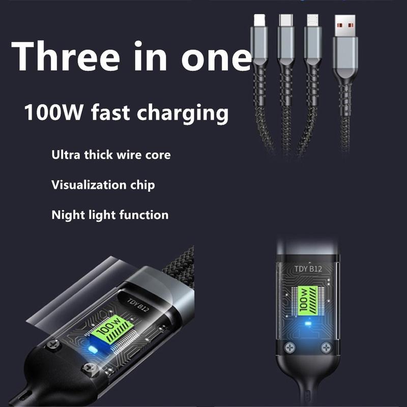 Product Introduction of 3 in 1 6A 100W  Super Charging Data Cable Micro USB Type C Fast Charger Type-C Cable Data Cable 29
