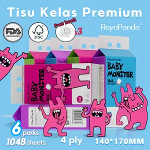 【1/3/6 Pack】RoyoPanda Tisu Wajah Tarik Baby Monster 6 Pack 1048 Lembar 140x170mm 4 Lapis Premium Serat Alami FDA & FSC Certified Aman & Hygienis untuk Bayi & Kulit Sensitif Kertas Wipes Tissue