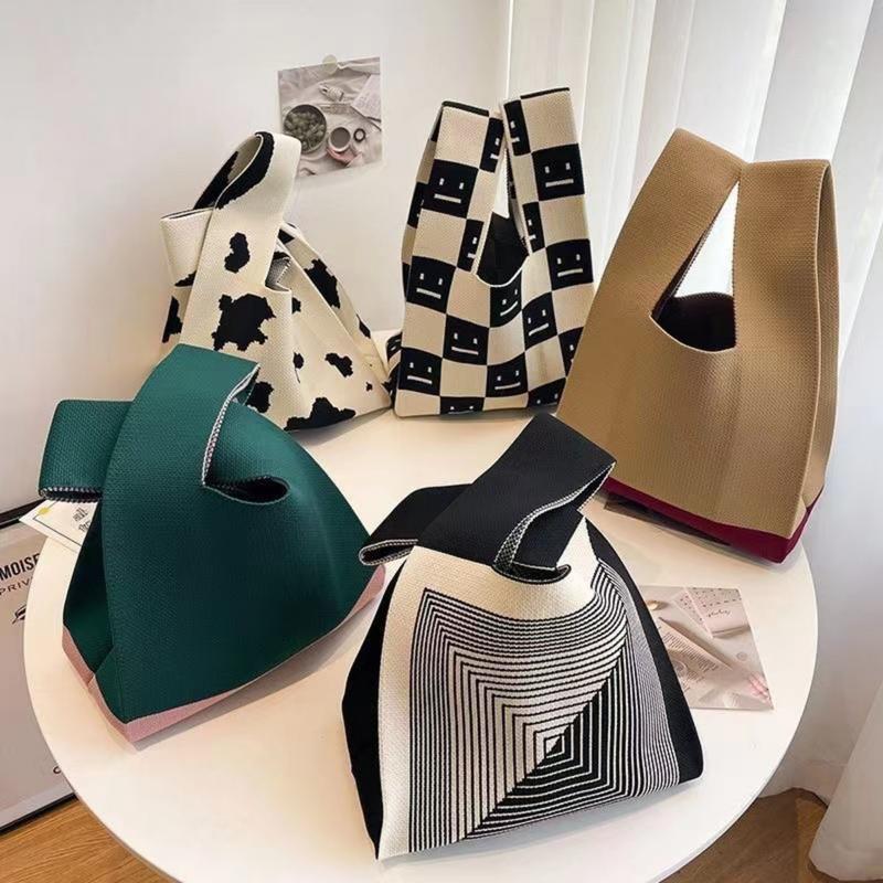 Knit knot bag korea premium Tote bag rajut kekinian motif garis hitam Tas wanita mini fashion Totebag kecil cantik Top handle bag trend Thailand import termurah 1