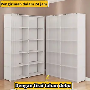 [Pengiriman cepat][Dengan tirai anti debu] Rak penyimpanan rak buku kamar tidur multi-lapis Lemari dengan tirai tahan debu/ Lemari pakaian sederhana dengan tirai geser