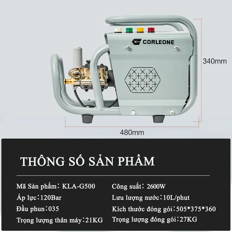 [2600W-120BAR-Ti sứ-220V] Máy rửa xe Colorone G500 động cơ cảm ứng từ, đầu bơm trục khuỷu ty sứ áp lực cao gia đình rửa sân vườn, rong rêu, chỉnh áp rửa máy lạnh, may rua xe áp lực cao, máy xịt rửa xe áp lực cao ,dây cao áp dài 10m, dễ dàng sử dụng 7