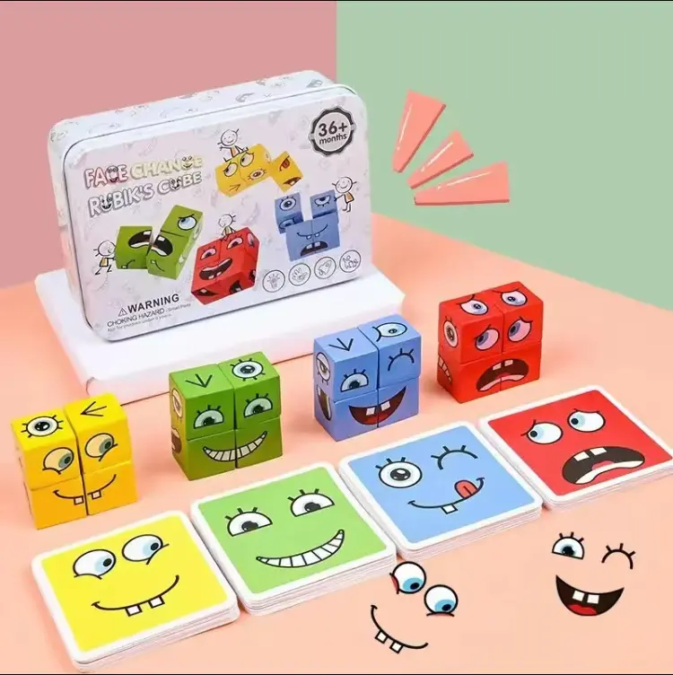 [COD] Cube Face Changing Building Blocks Board Game Cartoon Puzzle Montessori Toys Wooden Level Game Thinking Challenge Kids Toys