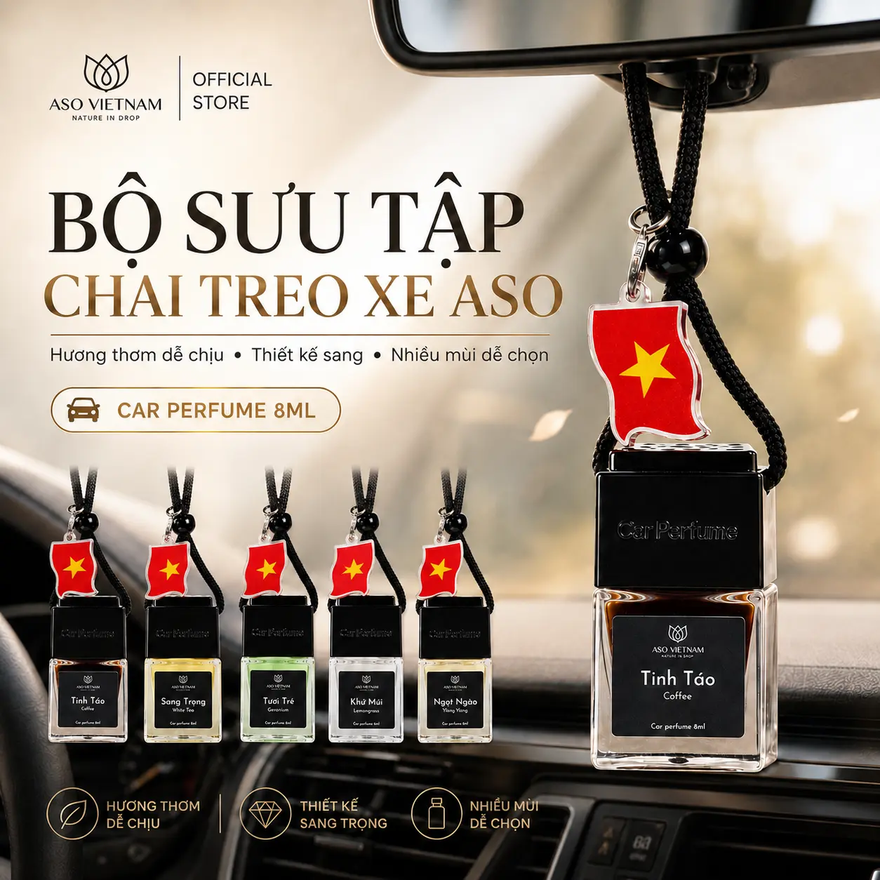 Bộ Sưu Tập Chai Treo Xe Ô Tô ASO Việt Nam 8ml - Chai Treo Gương Ô Tô, Thiết Kế Sang Trọng