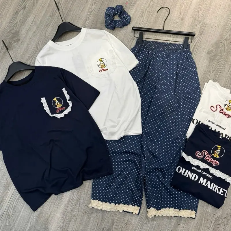 Bộ cún túi lệch viền zen + quần chấm bi than Hangtongquangchau