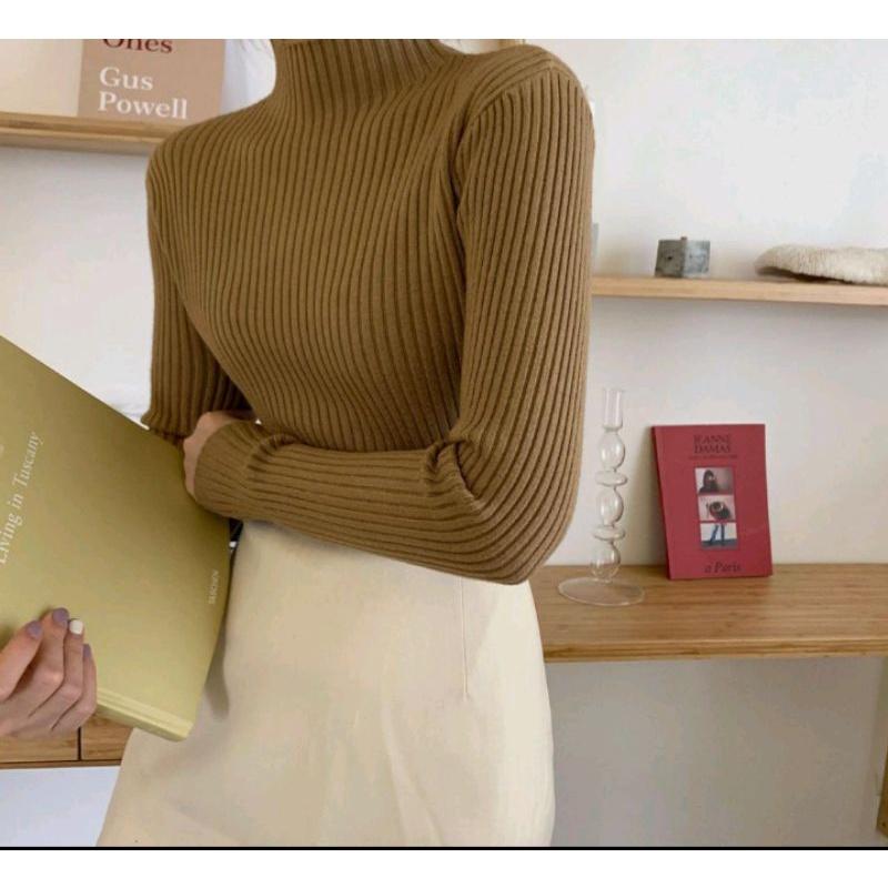 Inner turtleneck rajut atasan rajut wanita muslim Garis Panjang Santai Knitwear Hitam Outer Cardigan Top Baju Basic Crop zelda  crop inner  garis Kardigan Baju Daleman 5