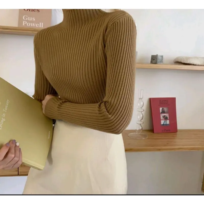 Inner turtleneck rajut atasan rajut wanita muslim Garis Panjang Santai Knitwear Hitam Outer Cardigan Top Baju Basic Crop zelda  crop inner  garis Kardigan Baju Daleman 5