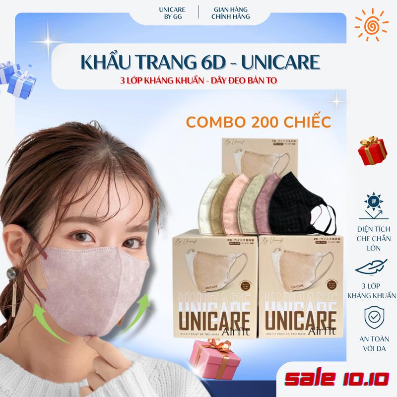 Combo 200 Chiếc Khẩu Trang 6D Unicare | Mềm Mại Thoáng Khí, Chống Nước Lọc Bụi | Quai Bản To Mềm Mại Êm Tai | 3 Lớp Mix Màu Nam Nữ