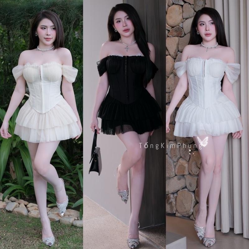 Sét Áo Corset Cúp Phối Viền Ren Trễ Vai Tay Lưới+Cvay Xòe Sang Chảnh(full lót,có mút)