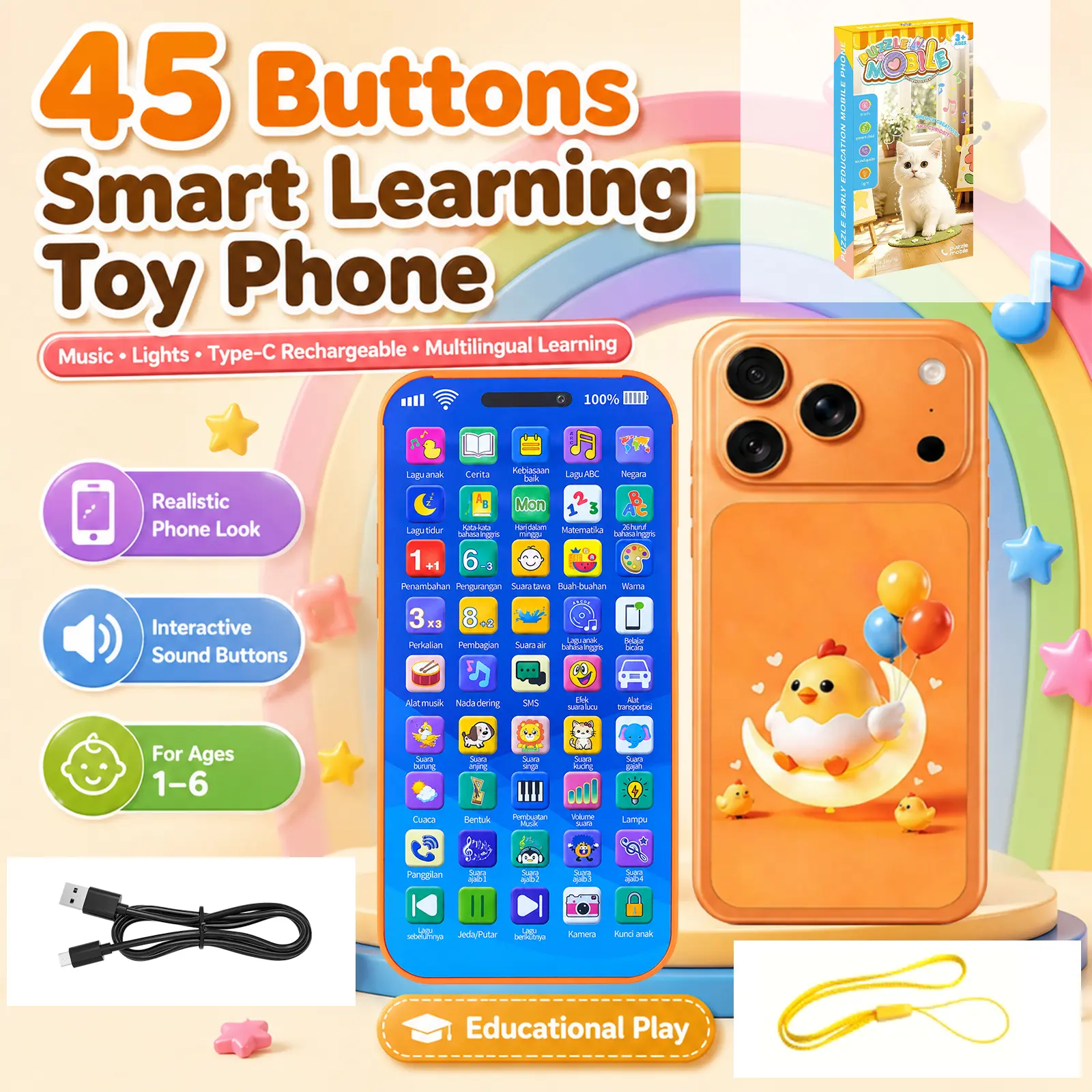 HP Mainan Anak Mainan Edukasi Smart Touchscreen 45 Tombol 17Pro Oranye – HP dengan Musik & Lampu