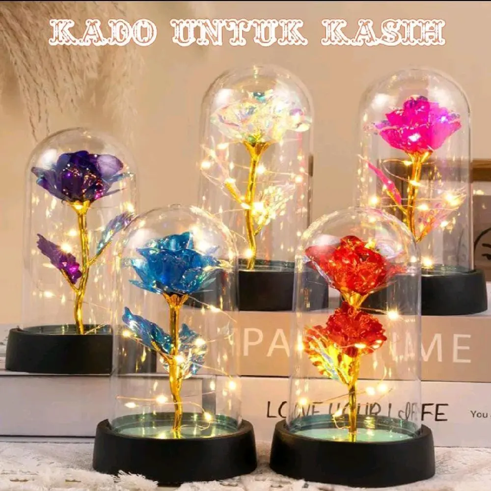 Lampu Hias Mawar LED dalam Kubah Kaca Rose Light Dome Estetik & Romantis untuk Kado Untuk Kasih