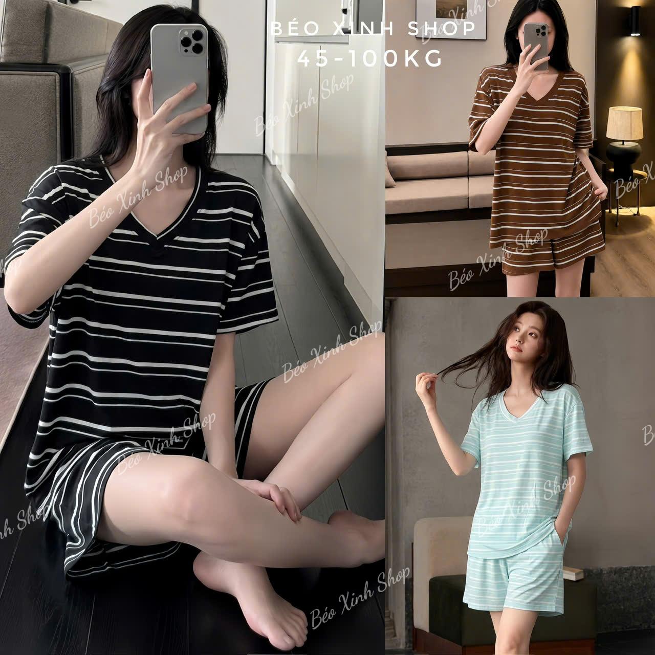 Set Bộ Nữ Bigsize Borip Cotton Sọc Cổ Tim Form Rộng – Quần Short Mặc Nhà Đi Chơi 45-100kg - A.1828