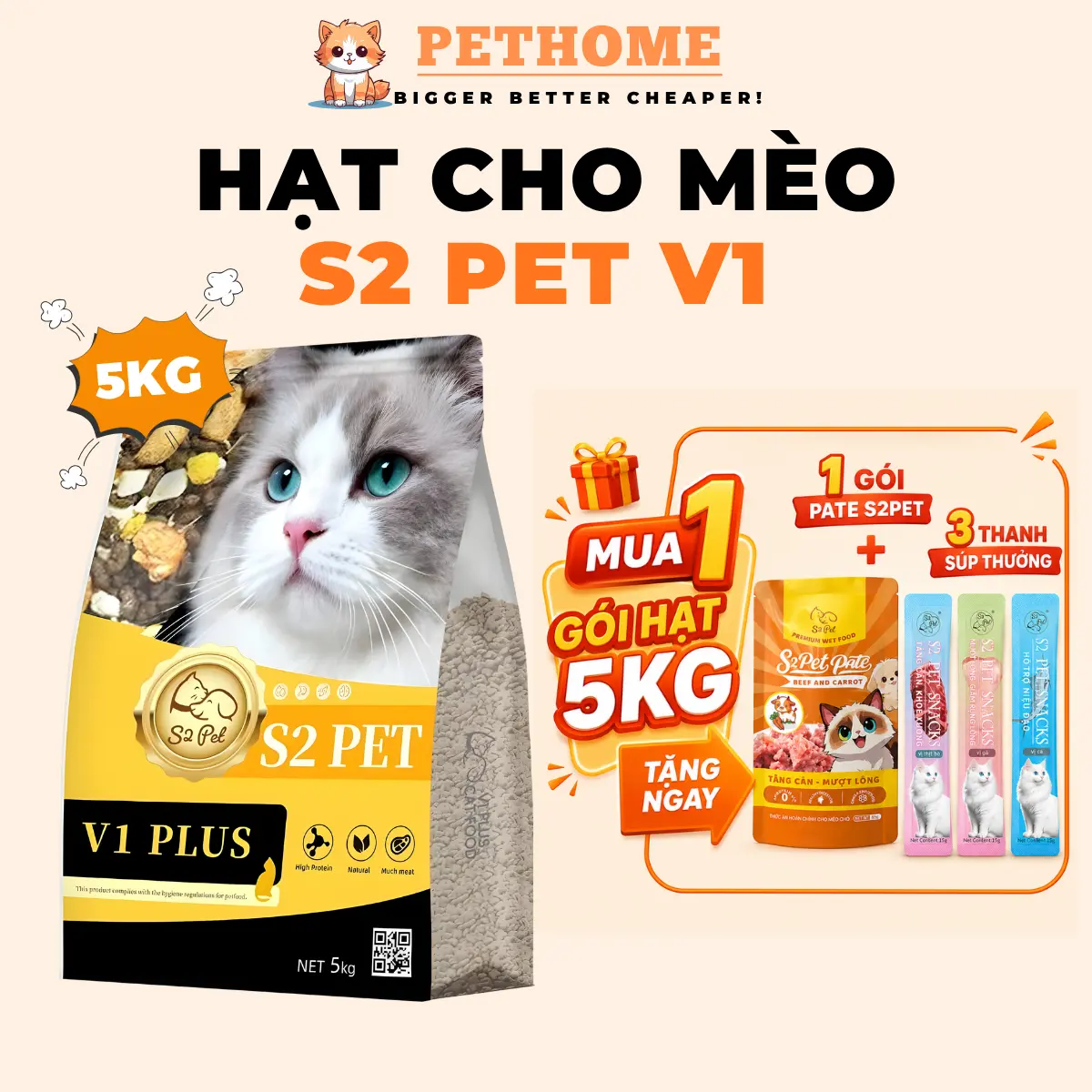[Bao 5KG] Hạt Cho Mèo S2PET V1 Đạm 32%, Hạt Mix Topping Thịt Đông Khô, Dễ Ăn Dễ Tiêu Phù Hợp Mèo Mọi Lứa Tuổi