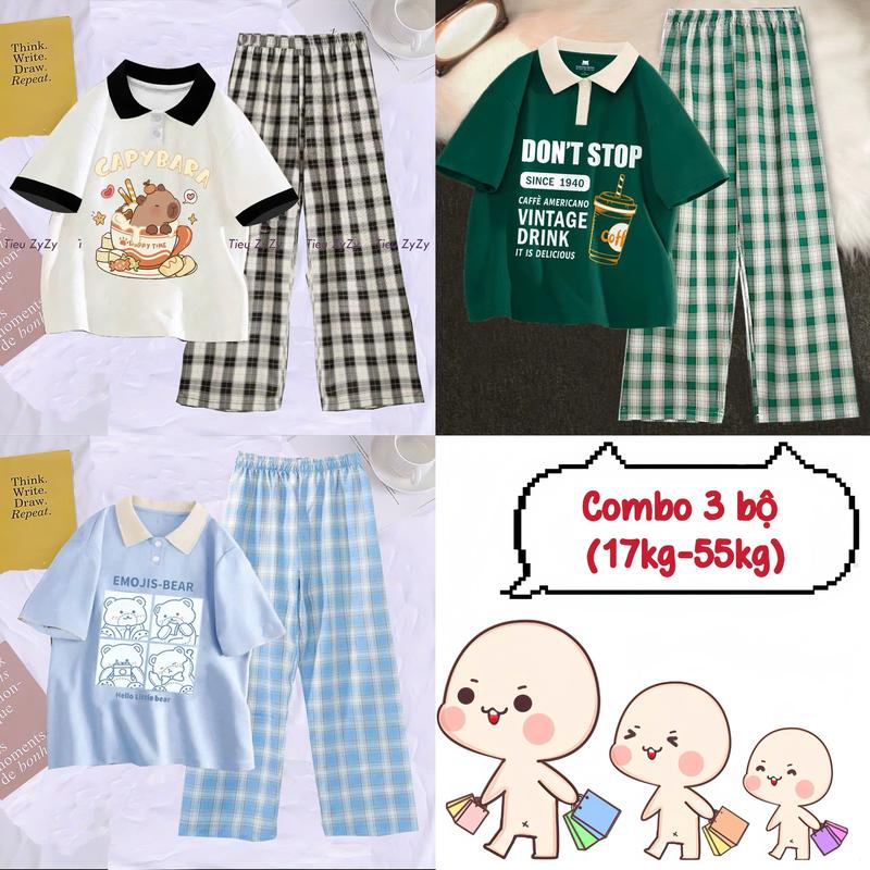 20-55kg Combo 3 bộ áo Polo họa tiết siêu xinh phối quần kẻ thô mềm cho bé gái mặc đi học chất mềm mát