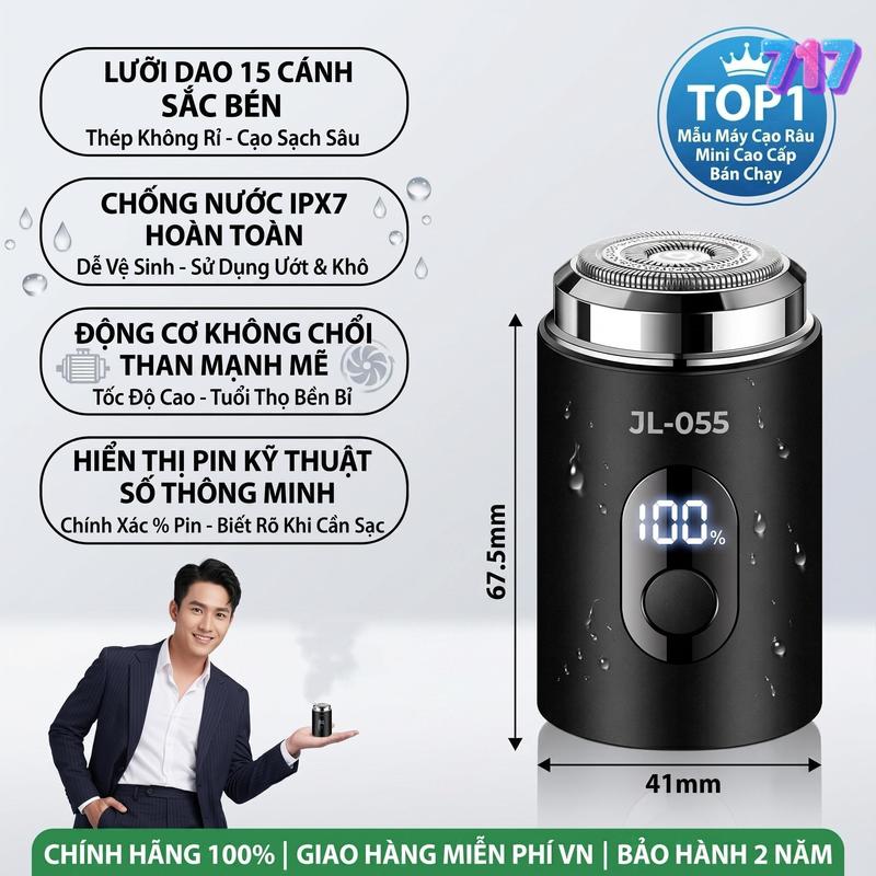 717-Máy Cạo Râu Mini Hiển Thì Màn Hình Led Theo Dõi Pin Máy Cạo Không Trầy Xước Cạo Khô Cạo Ướt 360° Đa Năng
