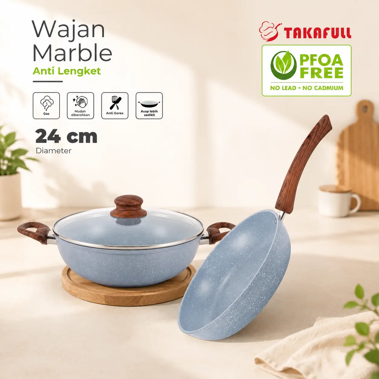[TAKAFULL X dr.ikeanggraeni] Wajan Marble Anti Lengket 24cm + Wok Marble 24cm Tutup Kaca | PFOA Free | Premium Cookware Set