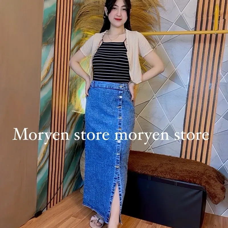 (EXCLUSIVE CI FEBY X MORYEN) rebecca rok jeans panjang rok jeans kancing belah depan rebeca rok skrit jeans span kamila rok jeans wanita berhijab 6