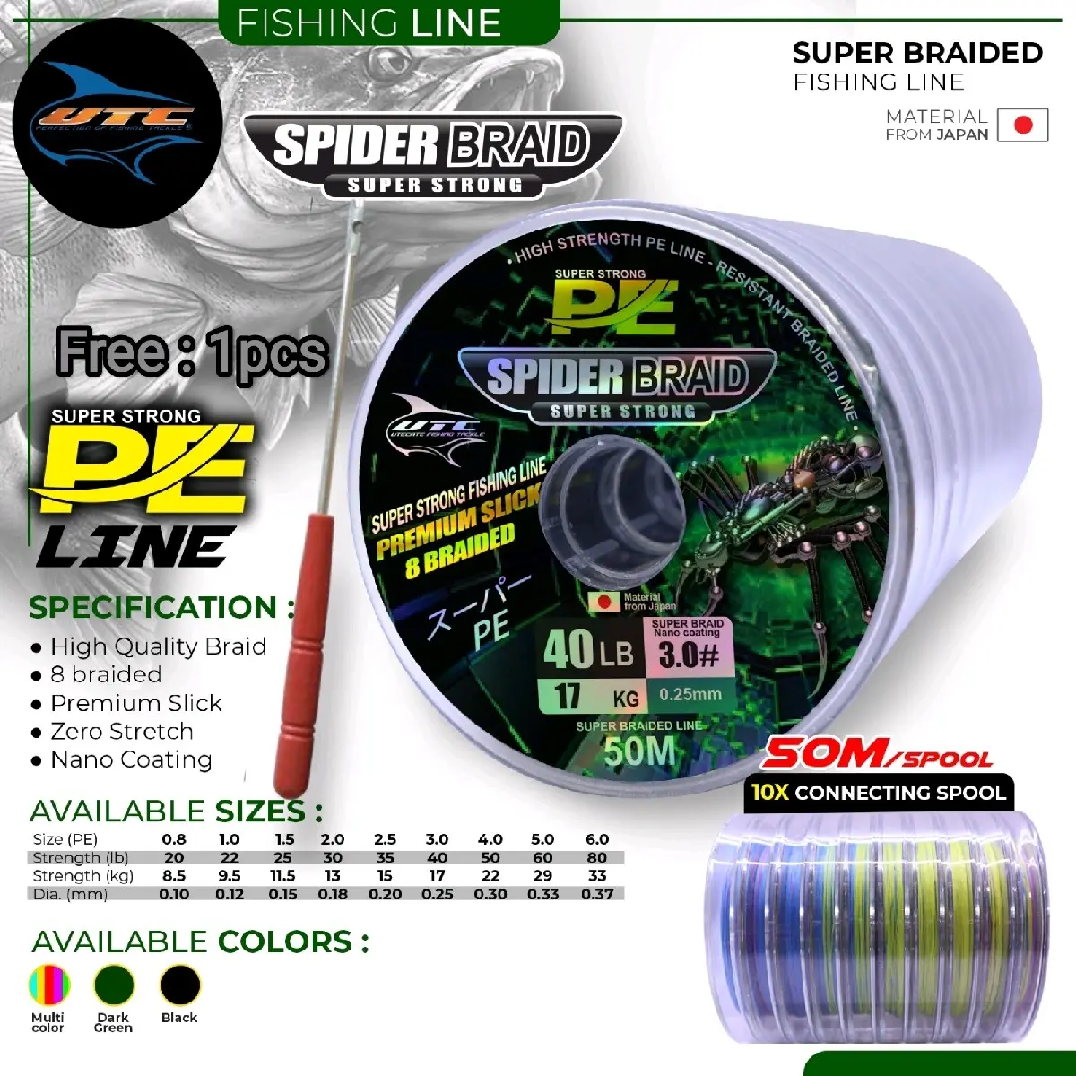 Senar P E Utecate Spider X8 50m Multicolour Ukuran 0.8-50m untuk Memancing Ikan Laut dan Sungai