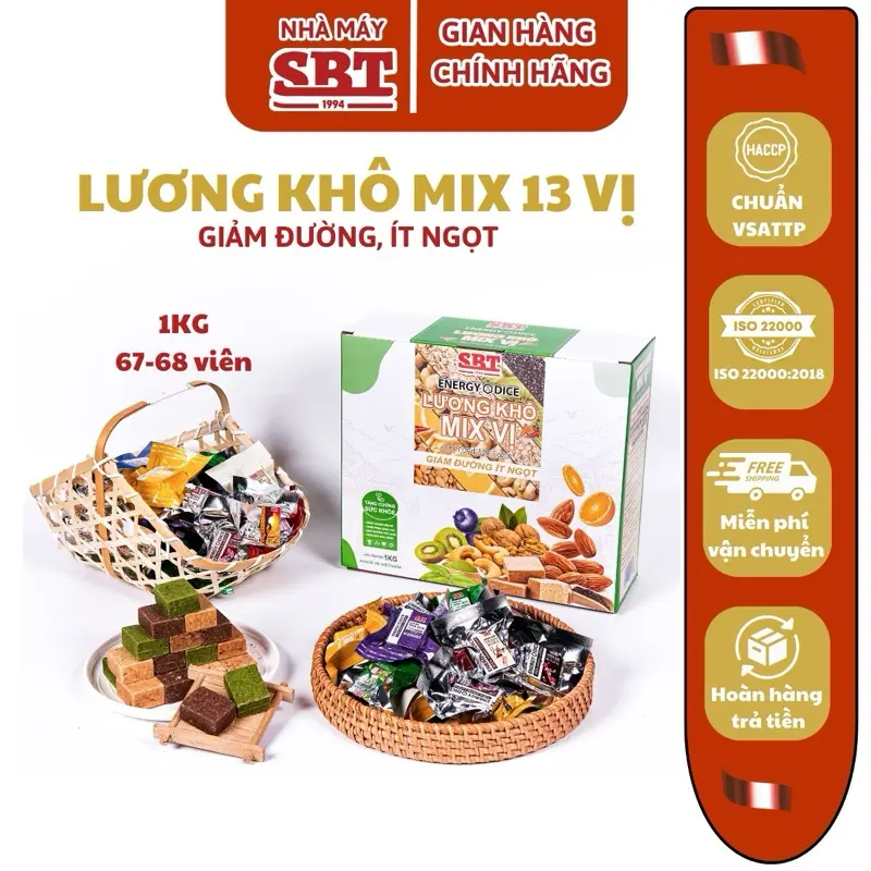 Lương Khô Mini Nhà Máy SBT - Hộp 1KG - Mix 11 Vị Ngũ Cốc Tươi Siêu Ngon - Snack Đồ ăn Nhanh (vị hoa quả dừng sản xuất)