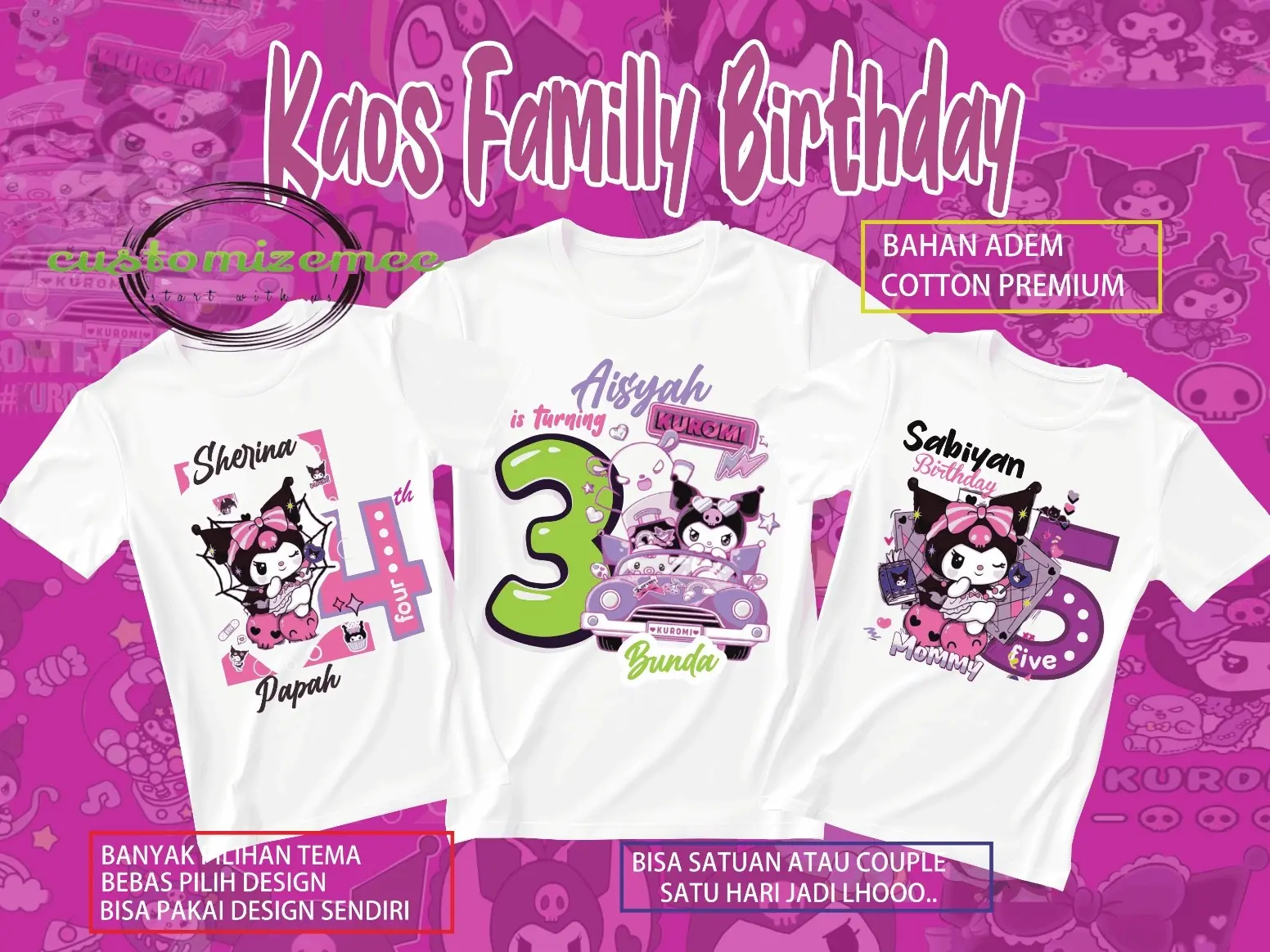 KAOS COUPLE FAMILY BIRTHDAY KUROMI/KAOS ULANG TAHUN ANAK DAN KELUARGA/KAOS CUSTOM ULANG TAHUN ANAK/KAOS COUPLE ANAK Combed Katun