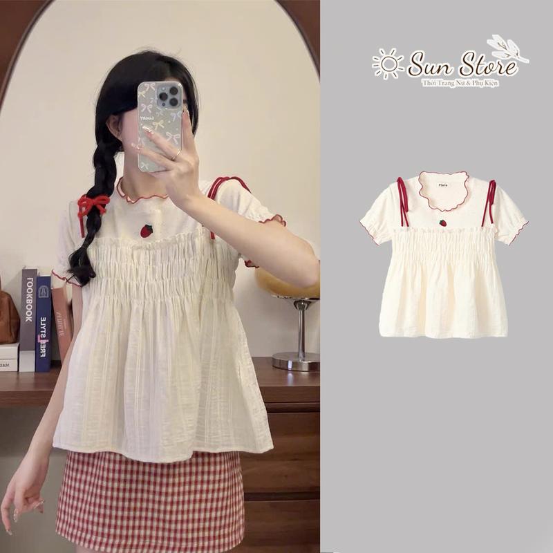  Áo babydoll hai mảnh hình in dâu tây áo thun nữ tay ngắn  chấm bi thêu viền phong cách nhẹ nhàng dễ thương 