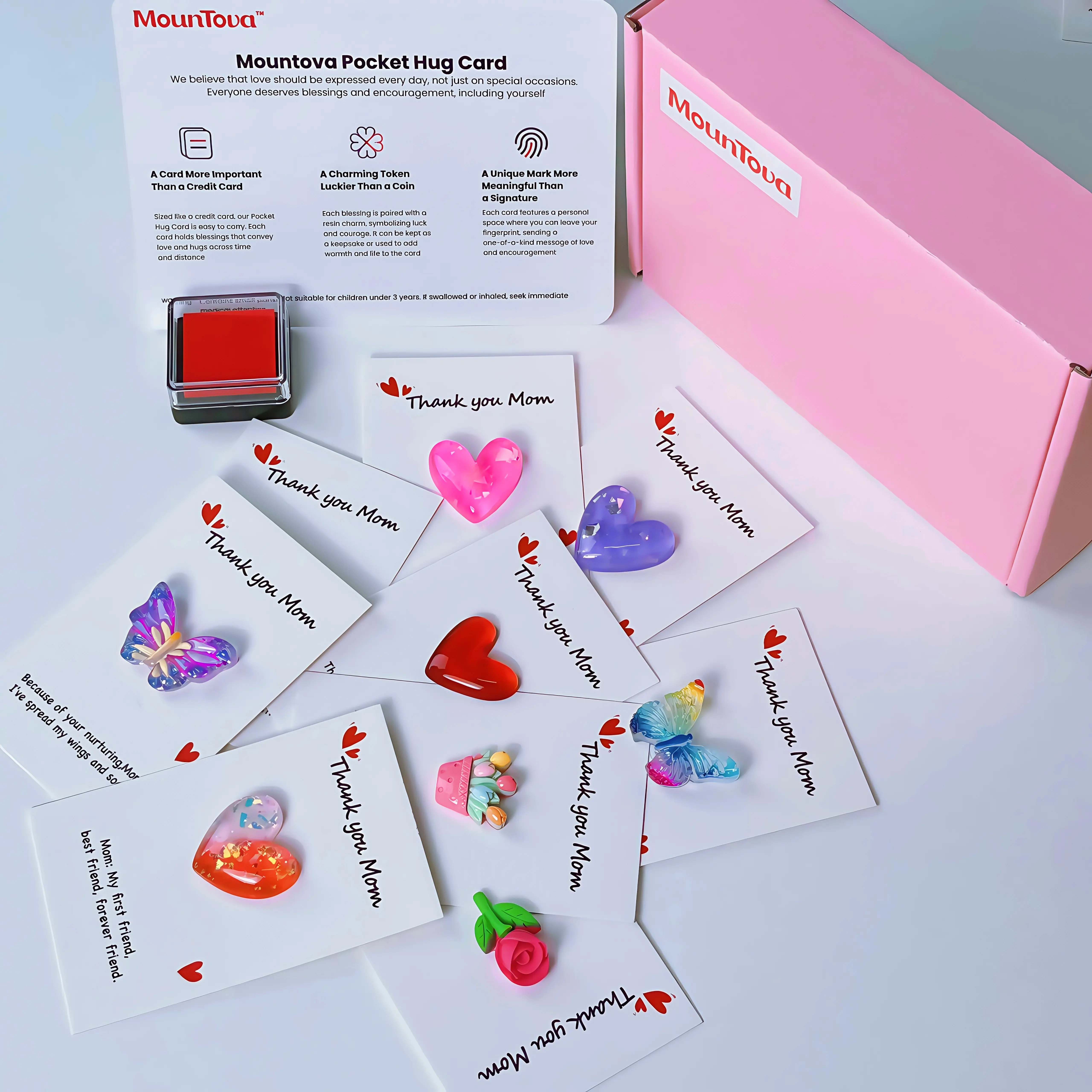 Portable Mom Gift Pocket Hug Greeting Cards Set Gift Box, 10 Emotional Support Pocket Cards,10 Resin Tokens (Hearts, Flowers, Crowns) with Fingerprint Ink Pad,Instant Keepake for Mother's Day