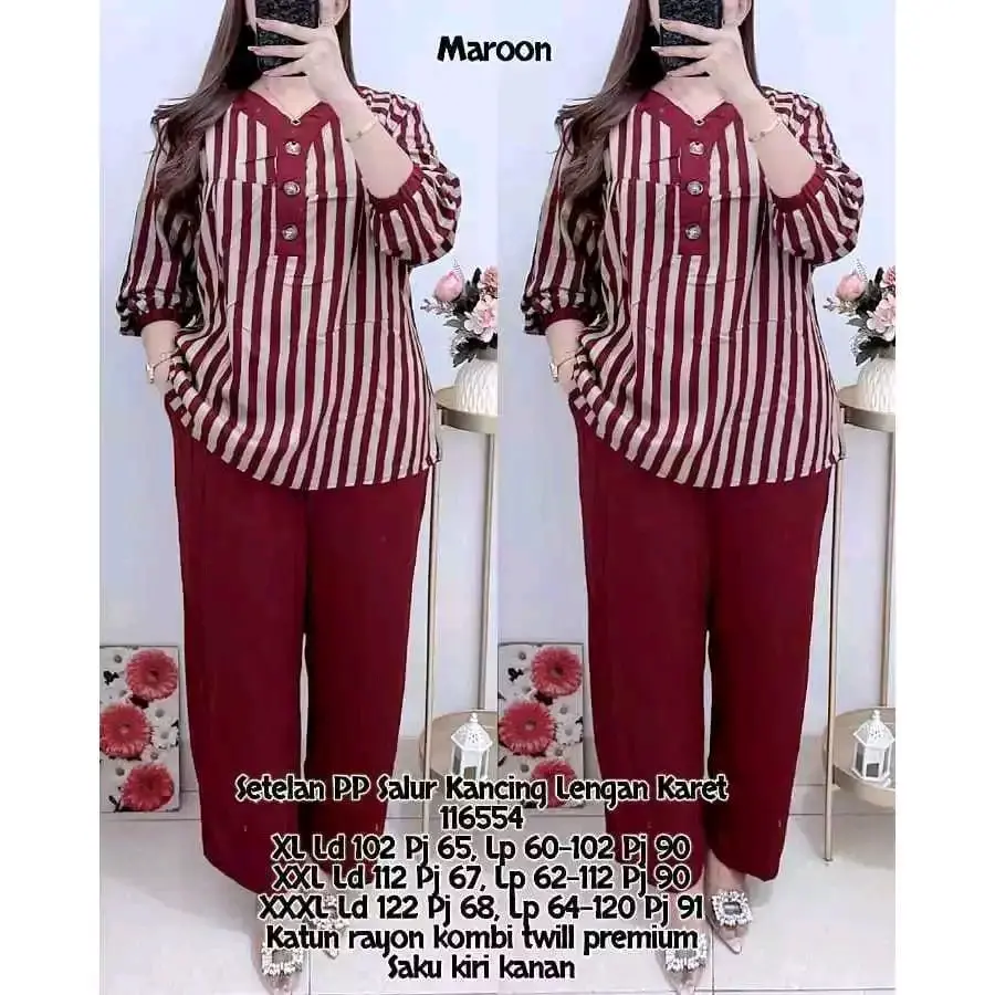 SETELAN SALUR WANITA TERLARIS BAHAN RAYON TWILL PREMIUM BAJU SANTAI MOTIF GARIS LENGAN 3/4 CELANA PANJANG