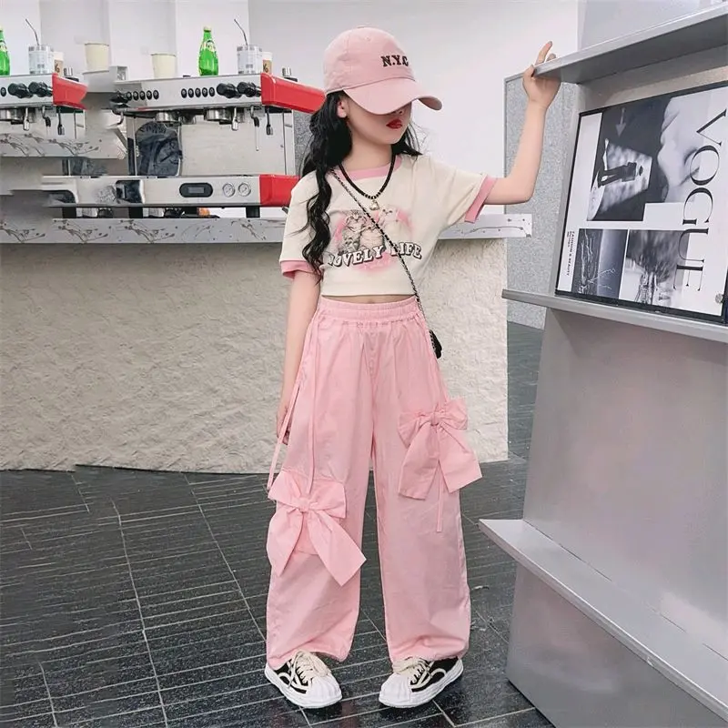 Bộ đồ hè bé gái,bộ quần hộp hồng thêu nơ to kết hợp áo Croptop phong cách thời thượng cho bé size 15-45kg