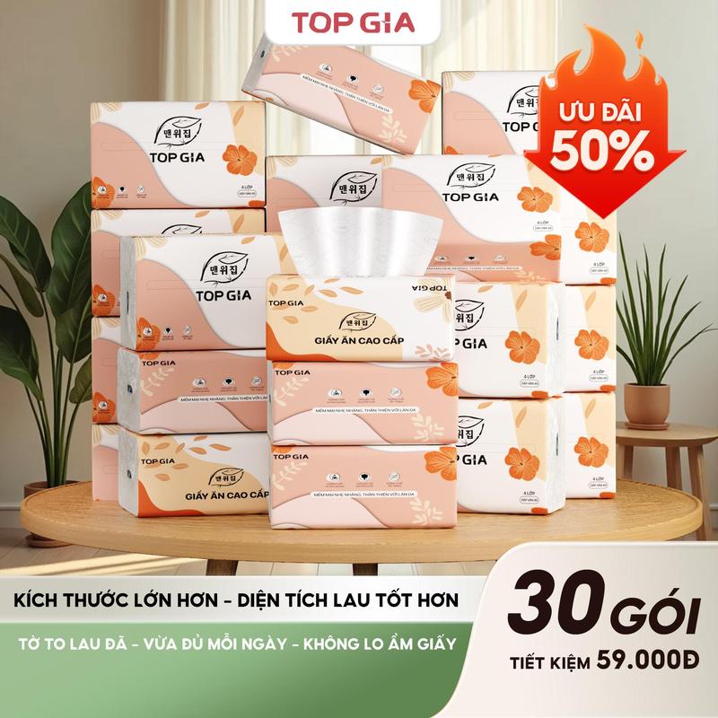 DEAL LIVE GIÁ ĐỘC QUYỀN COMBO THÙNG 30 Gói Khăn Giấy Sắc Hạ 140x180mm TOPGIA Bản To khăn giấy cao cấp Top Gia giấy ăn 4 lớp dập vân 4D bền chắc mềm mịn khăn giấy vệ sinh ĐẠT QUY CHUẨN CỦA BỘ CÔNG THƯƠNG LTG86