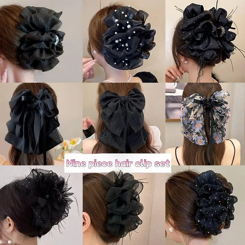 Kẹp Tóc Lông Vũ, Kẹp Cá Mập, Kẹp Lấy Nơ Lưới Màu Đen, Cỡ Lớn, Dành Cho Nữ, Hàng Mới Về, 2025 kẹp  tóc