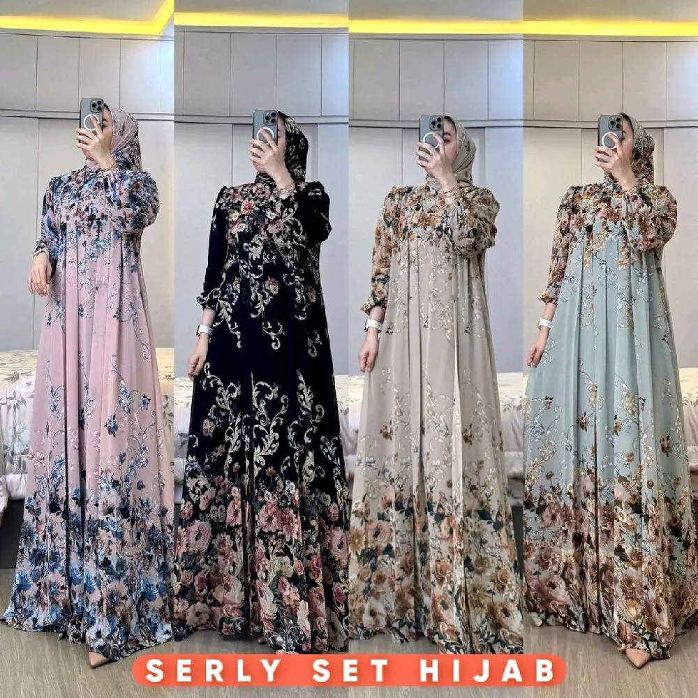 serly set hijab gamis terbaru anggun mewah motif elegan ld 115 pb 135 Muslim Dewasa Syari Remaja Wanita Ibu Lebaran Dress Kondangan