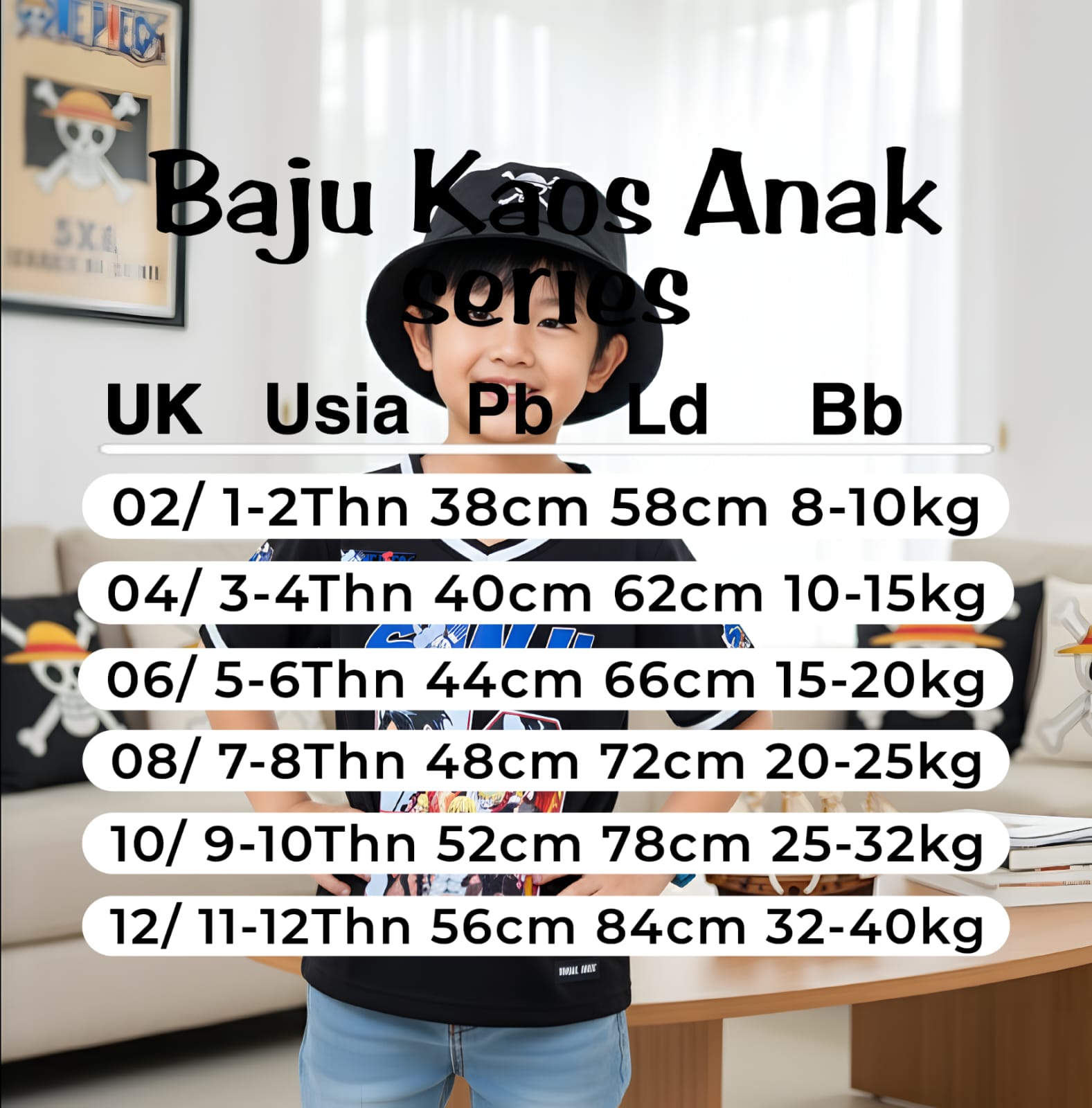Kaos Jersey Anak One Piece Series Hitam Unisex Usia 3-12 Tahun / Atasan Anak Kekinian