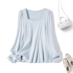 Pakaian Wanita Saiz Besar, Gaya Baru Musim Luruh, Baju Atasan Leher Persegi Gaya Perancis Pelangsingan Badan, Baju Lengan Panjang, 80388