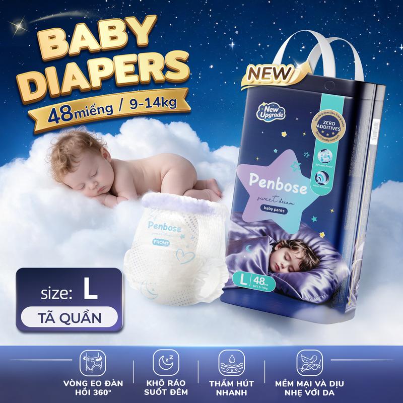 Tã Quần/Bỉm Quần Penbose Sweet Dream Size S-XXXXL Bỉm Đêm 12 Tiếng Siêu Mỏng Thấm Hút Nhanh Chống Tràn 360° Ôm Sát Mông Bé Mềm Mại Thoáng Khí An Toàn Không Hăm Da Chính Hãng